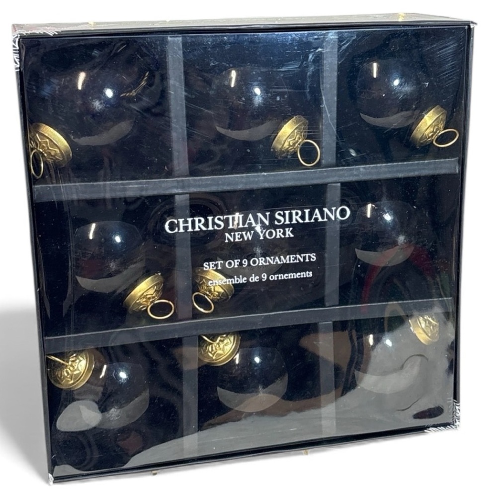 Christian Siriano 9 Black Gold Blown Glass Christmas Holiday Ornaments Set NEW